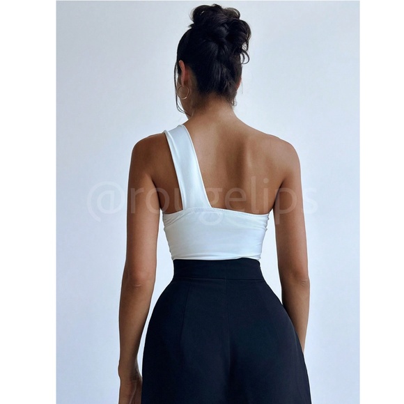 White Large Bow One Shoulder Bodysuit Slim Fit Asymmetrical - Picture 4 of 8
